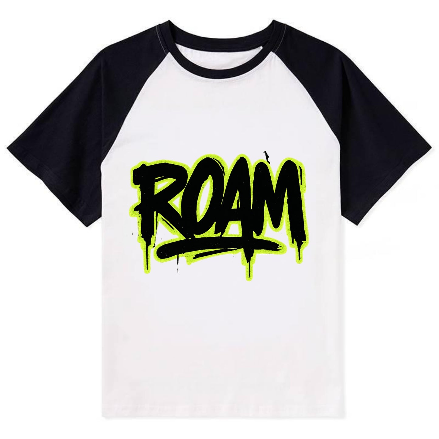 Bold typography design - "ROAM" - wander freely, no destination needed - Contrast Raglan T-shirt - Black