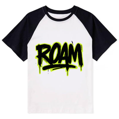 Bold typography design - "ROAM" - wander freely, no destination needed - Contrast Raglan T-shirt - Black