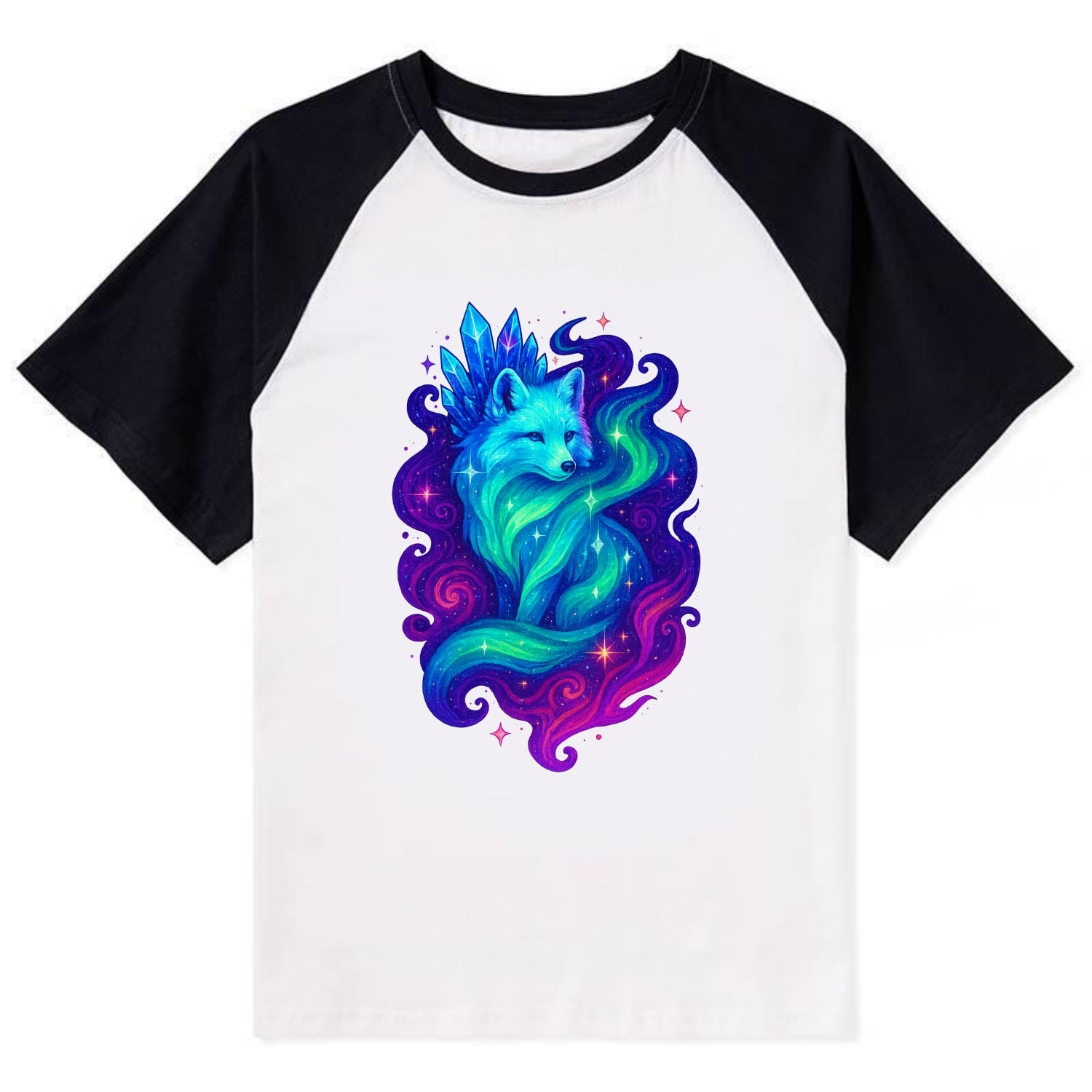 Ethereal arctic fox with fur that transforms into crystal formations, - Contrast Raglan T-shirt - Black
