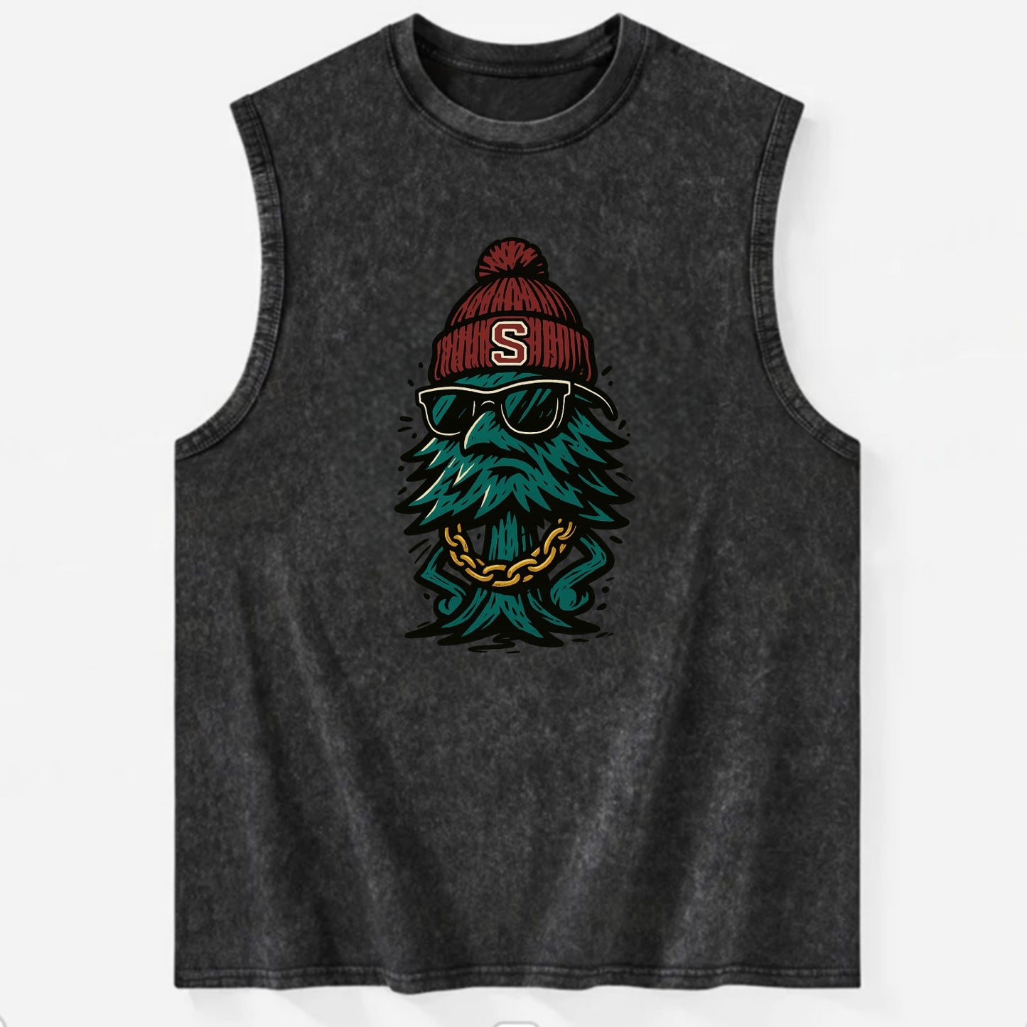 Palo Alto Tree wearing Stanford beanie with S patch - Vintage Washed Tank - Black