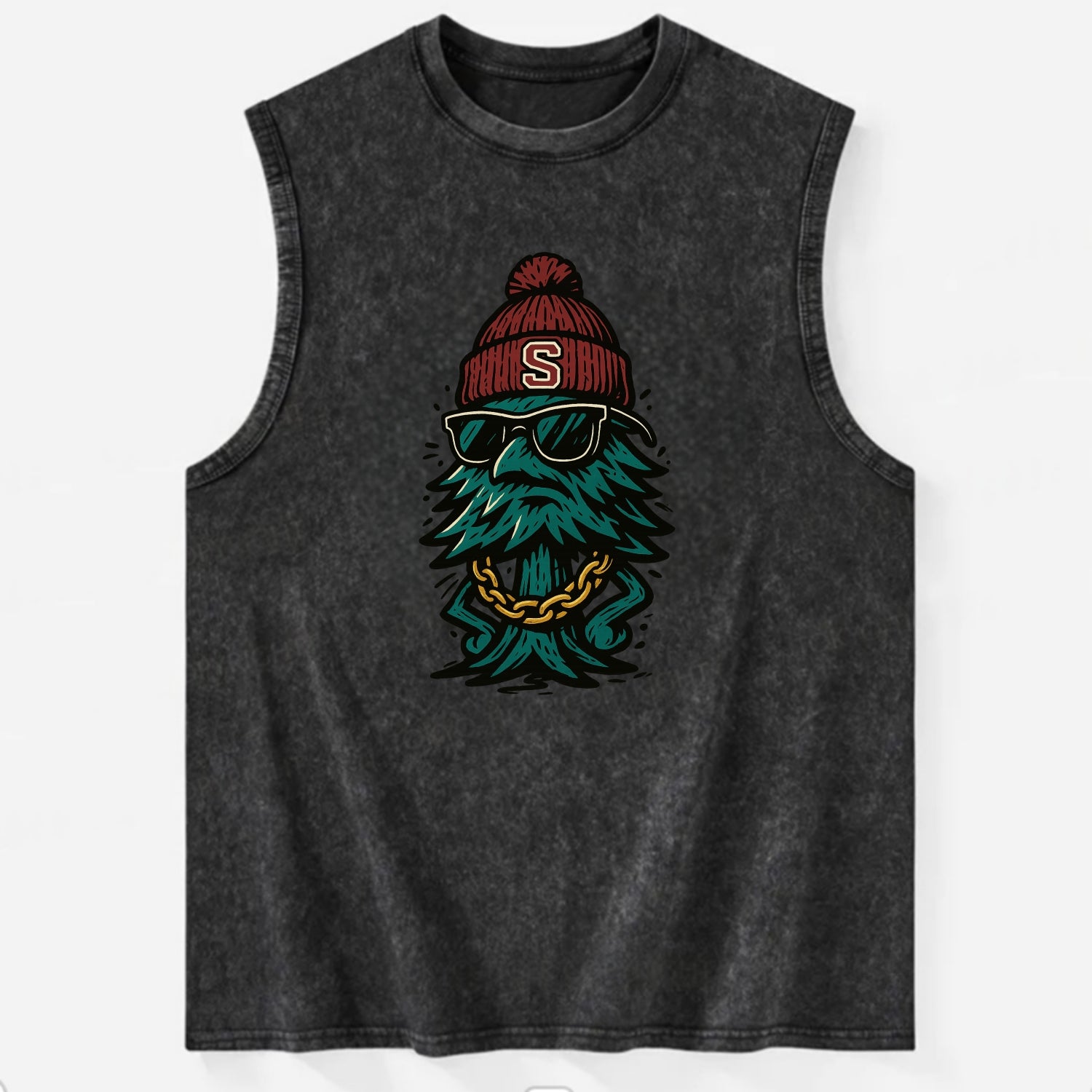 Palo Alto Tree wearing Stanford beanie with S patch - Vintage Washed Tank - Black