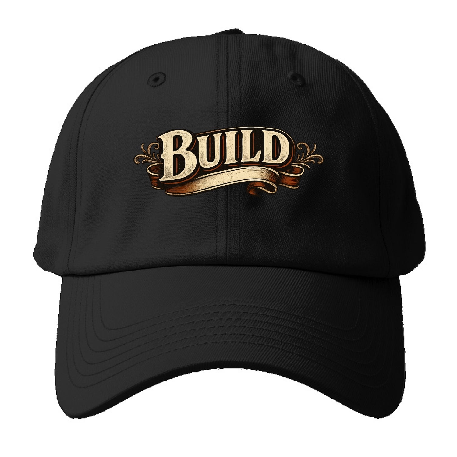 Bold typography design - "BUILD" - constructing, making real - Baseball Cap - Black