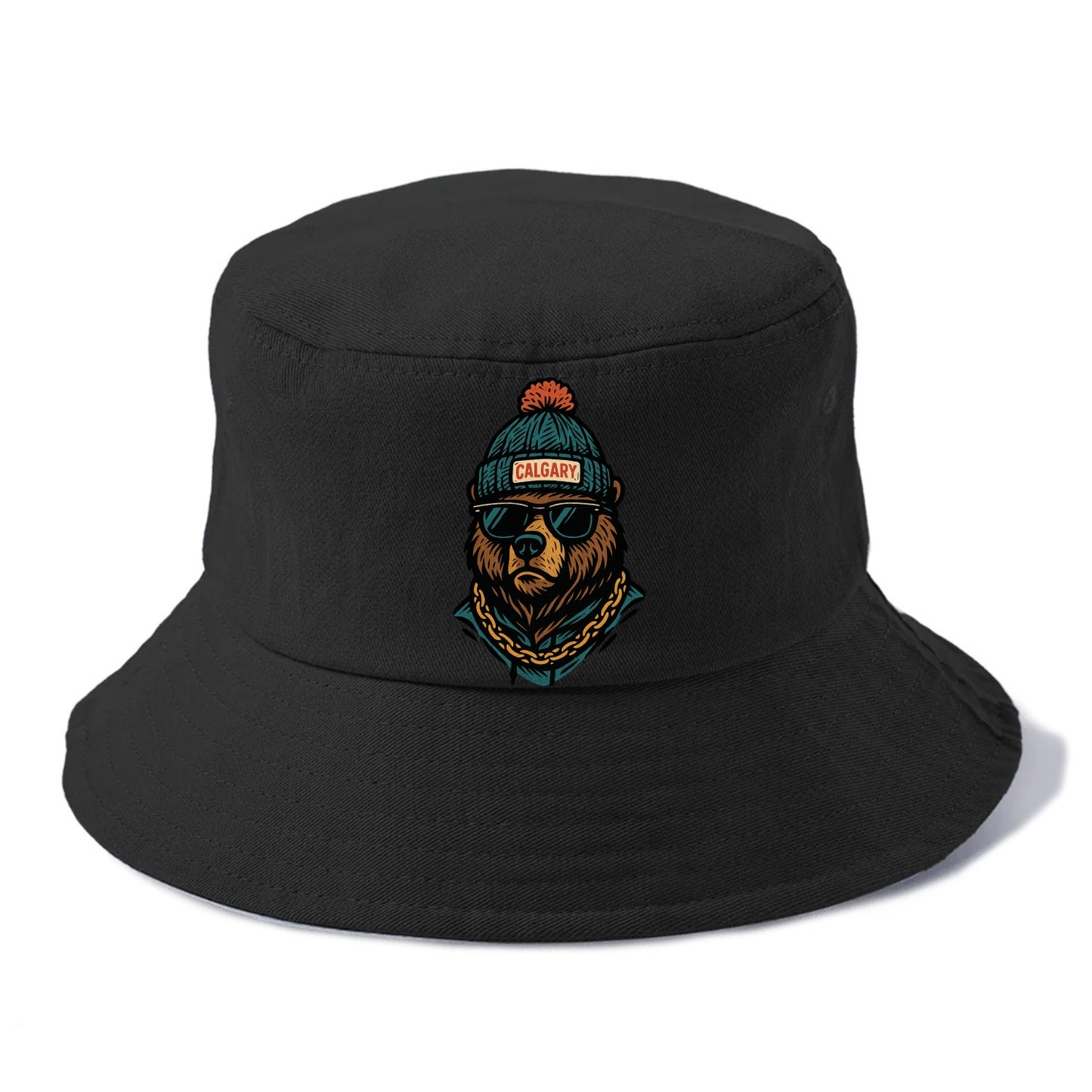 Calgary Grizzly Bear wearing Calgary beanie with pom pom and wayfarer sunglasses - Bucket Hat - Black