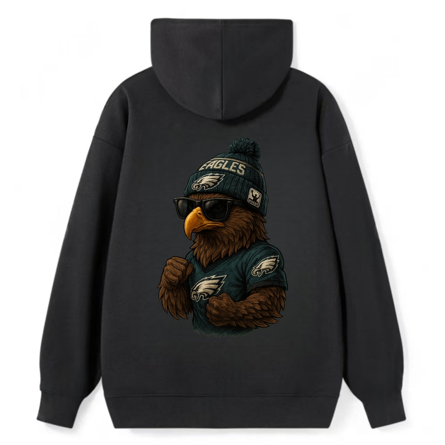 Philly Hawk wearing Eagles beanie with Rocky patch and wayfarer sunglasses - Classic Pullover Hoodie - Black