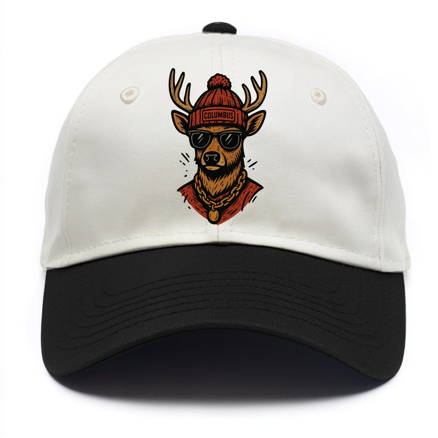Columbus White-tailed Deer wearing Columbus beanie with pom pom and wayfarer - Two Tone Cap - Black