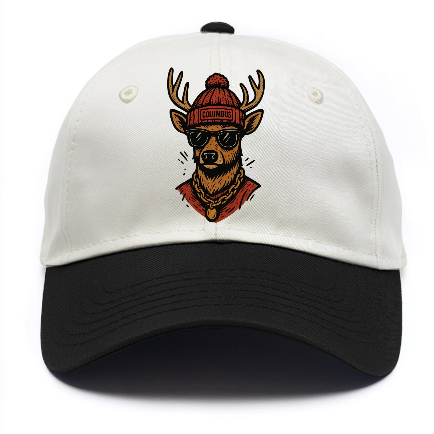 Columbus White-tailed Deer wearing Columbus beanie with pom pom and wayfarer - Two Tone Cap - Black