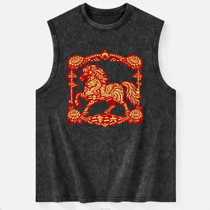 HORSE | Silk style horse design | Gold and silver thread appearance | Phoenix - Vintage Washed Tank - Black