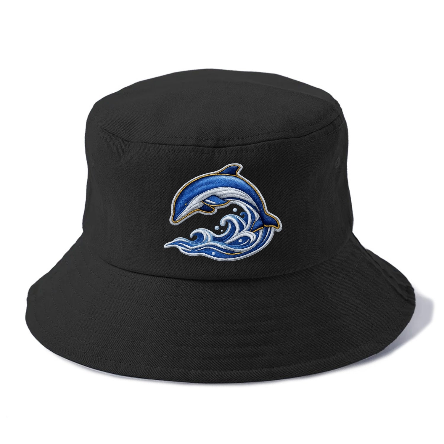 Embroidered patch design - SWIMMING DOLPHIN - diving dolphin with waves in blue and - Bucket Hat - Black