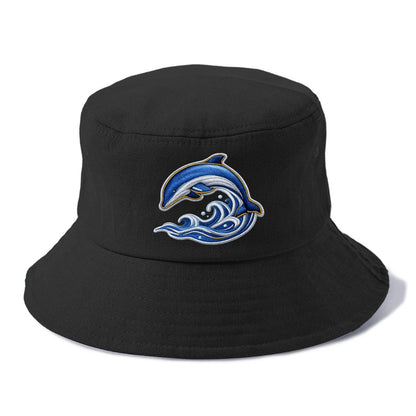Embroidered patch design - SWIMMING DOLPHIN - diving dolphin with waves in blue and - Bucket Hat - Black