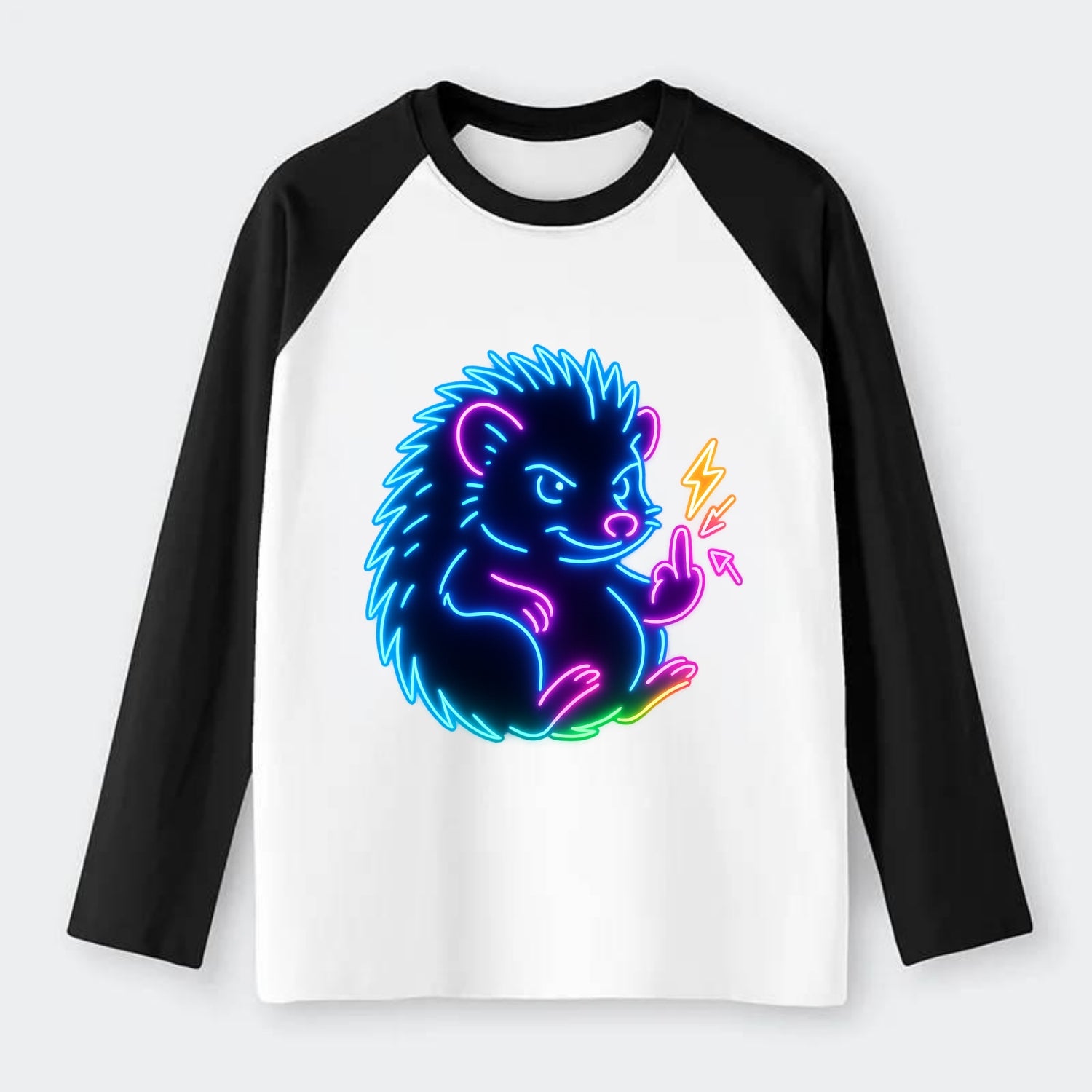 tiny hedgehog curled up slightly, one little paw raised flipping the - Raglan Long Sleeve T-Shirt - Black