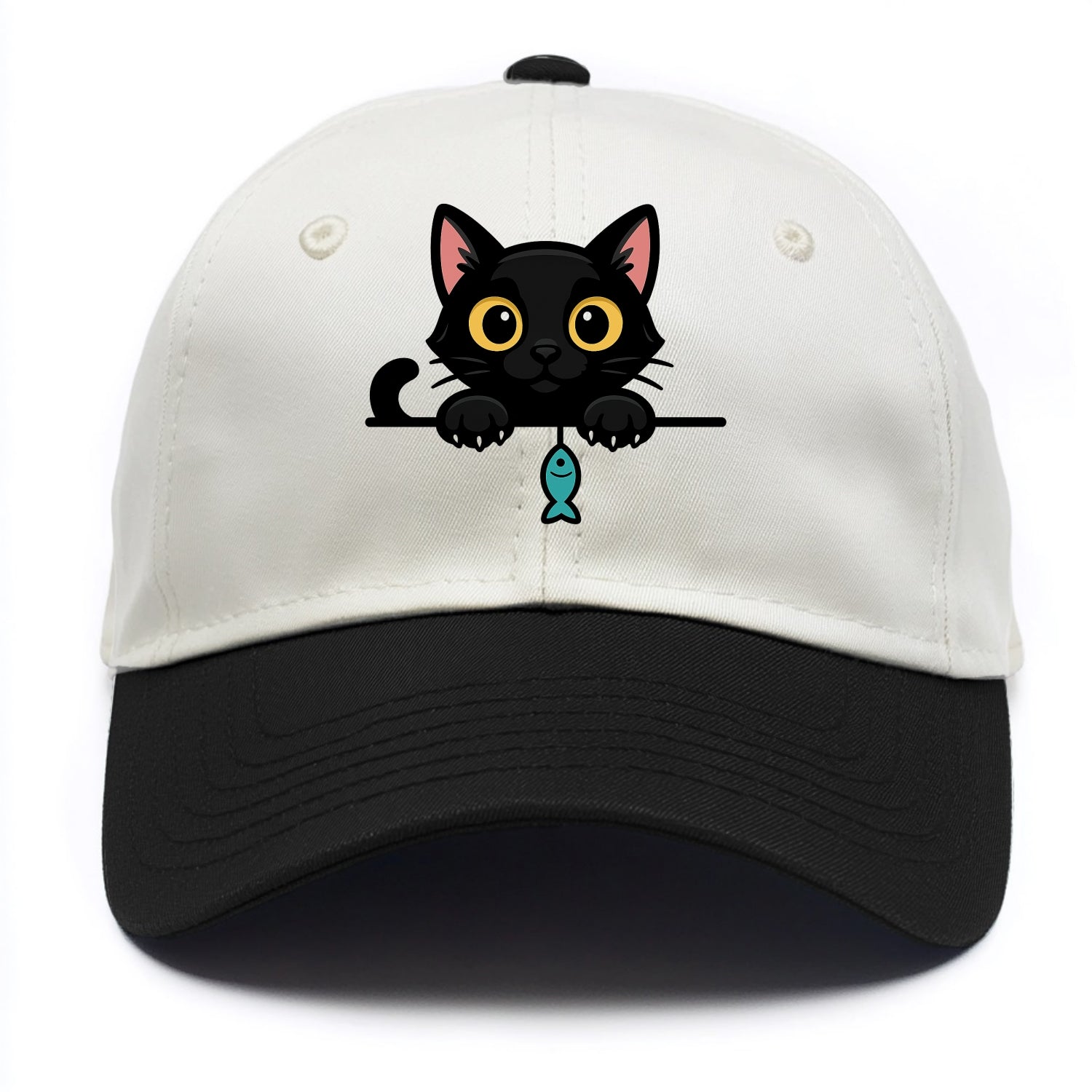 Midnight the black cat holding a tiny yarn ball between both paws while peeking. - Two Tone Cap - Black