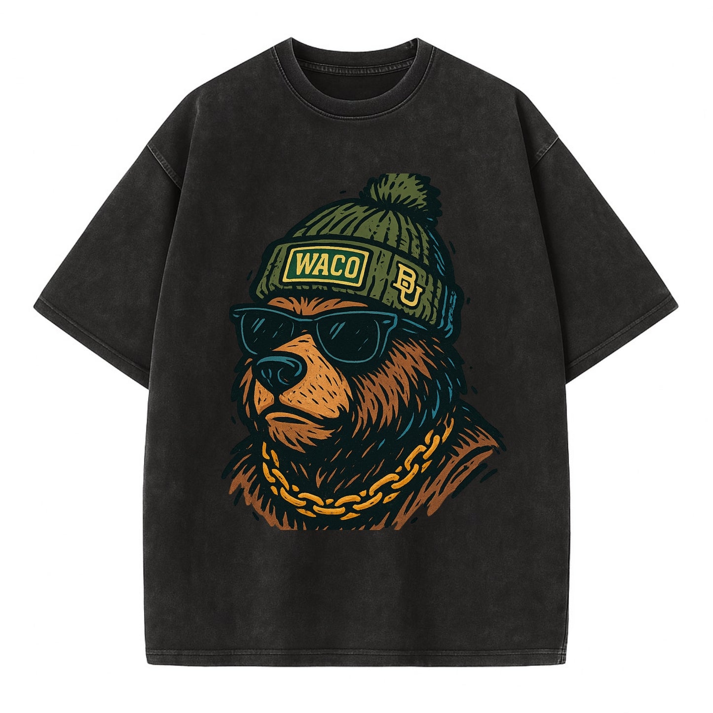 Waco Bear wearing Baylor beanie with BU patch - Vintage T-shirt - Black
