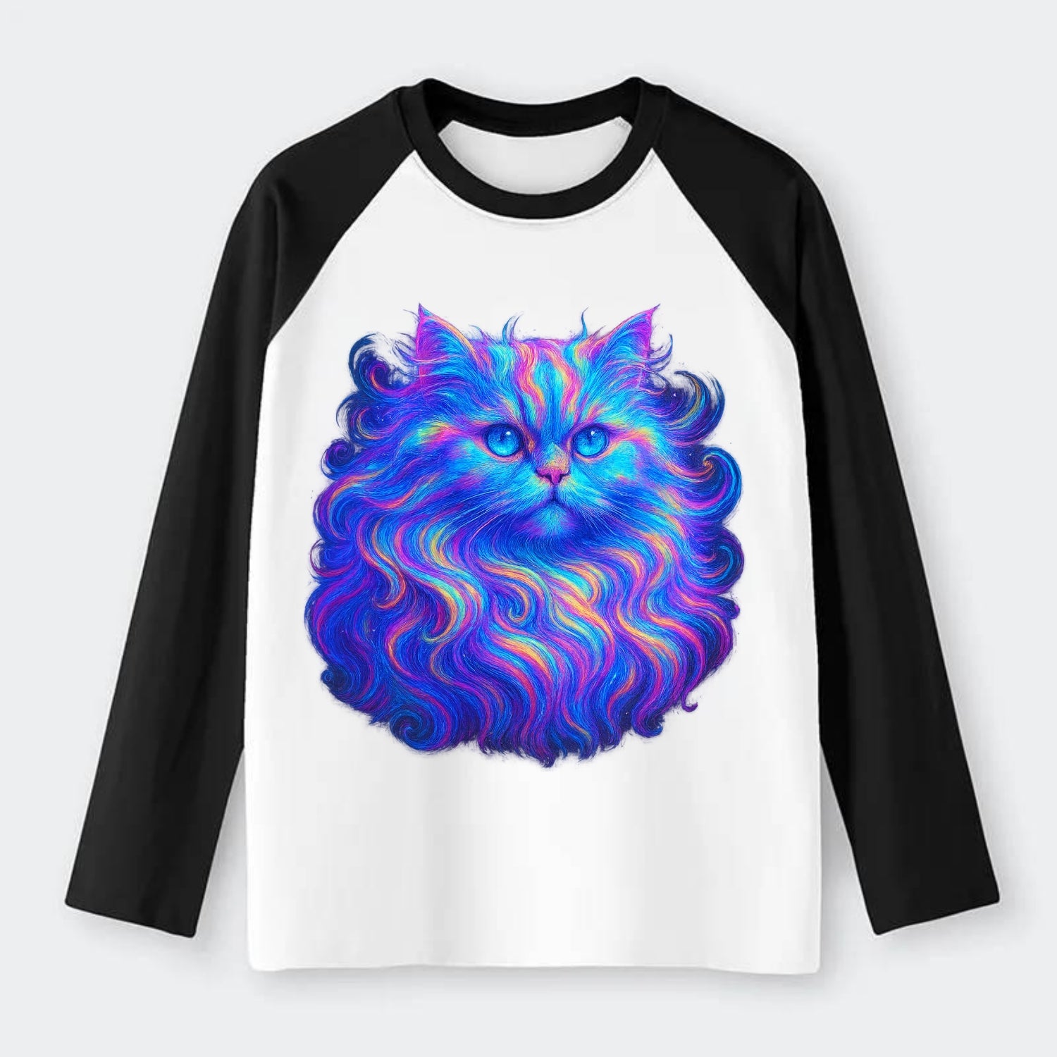 Luxurious Persian cat with flowing fur that refracts into rainbow - Raglan Long Sleeve T-Shirt - Black