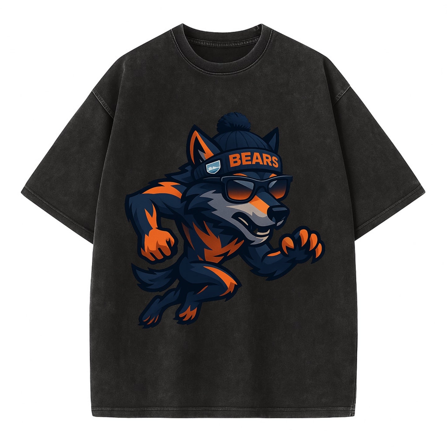 Chicago Wolf wearing Bears beanie with Lake Michigan patch and wayfarer sunglasses - Vintage T-shirt - Black