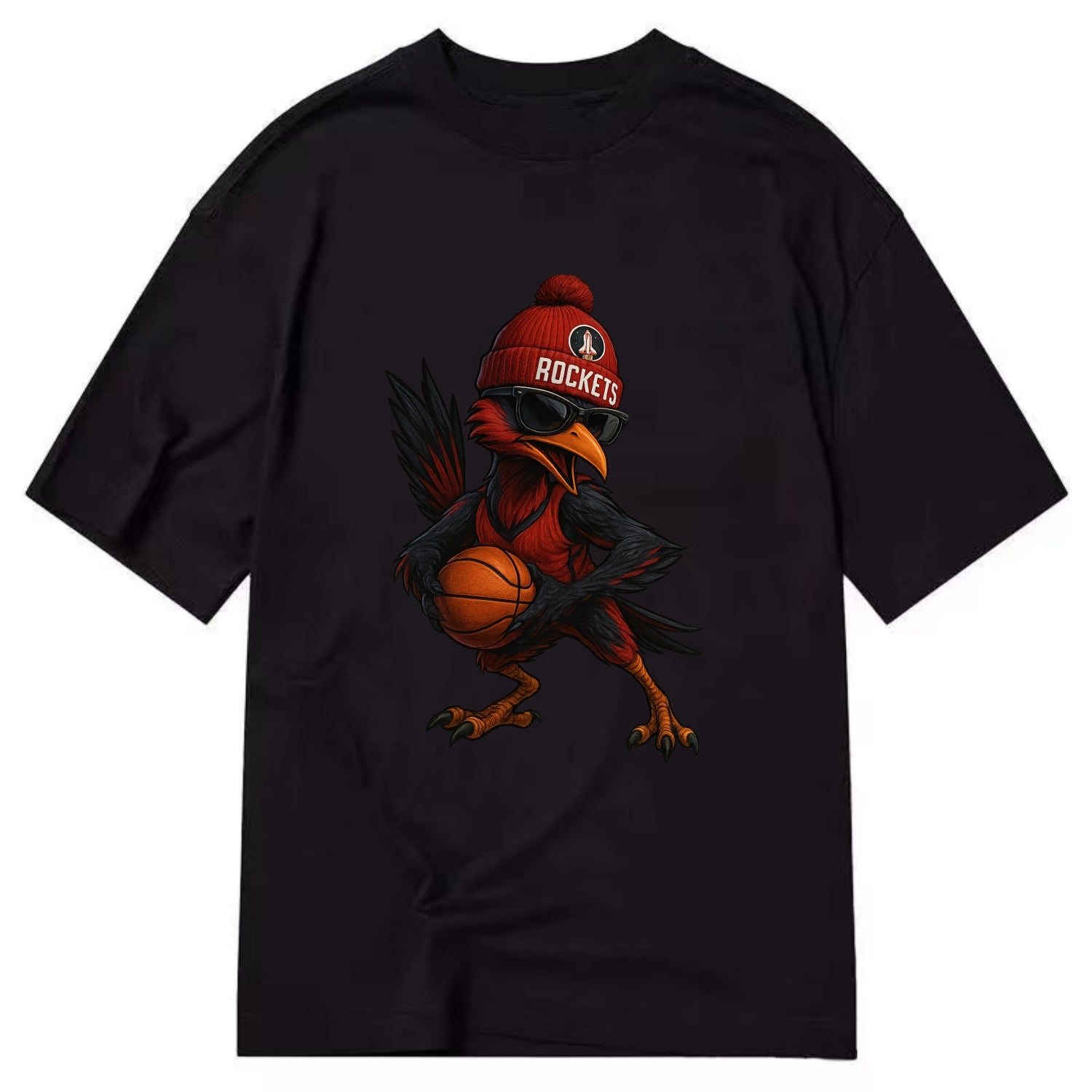 Houston Roadrunner wearing Rockets beanie with launch pad patch and wayfarer - Classic T-shirt - Black