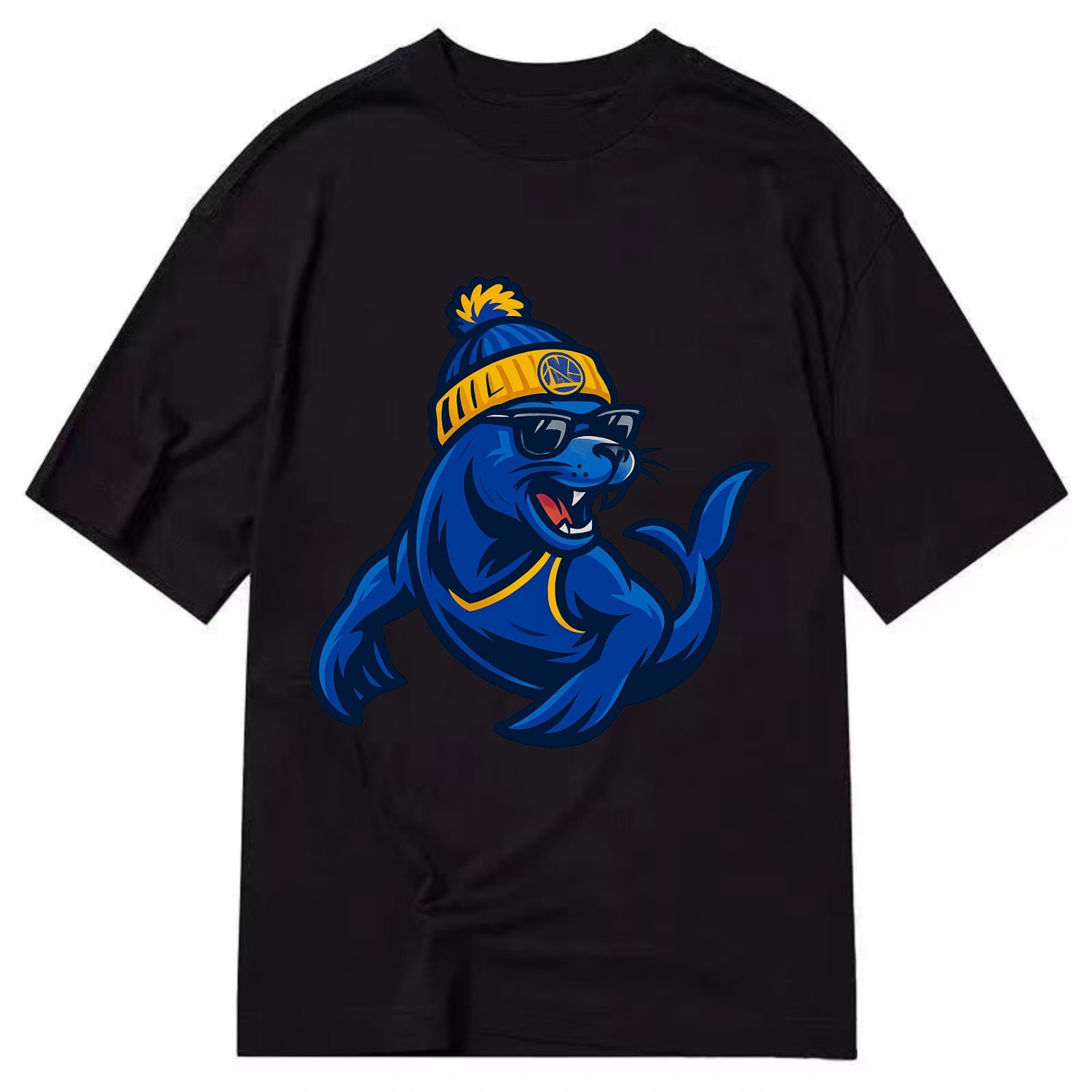 Bay Area Sea Lion wearing Warriors blue and gold beanie with Golden Gate and - Classic T-shirt - Black