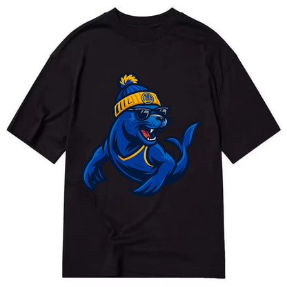 Bay Area Sea Lion wearing Warriors blue and gold beanie with Golden Gate and - Classic T-shirt - Black