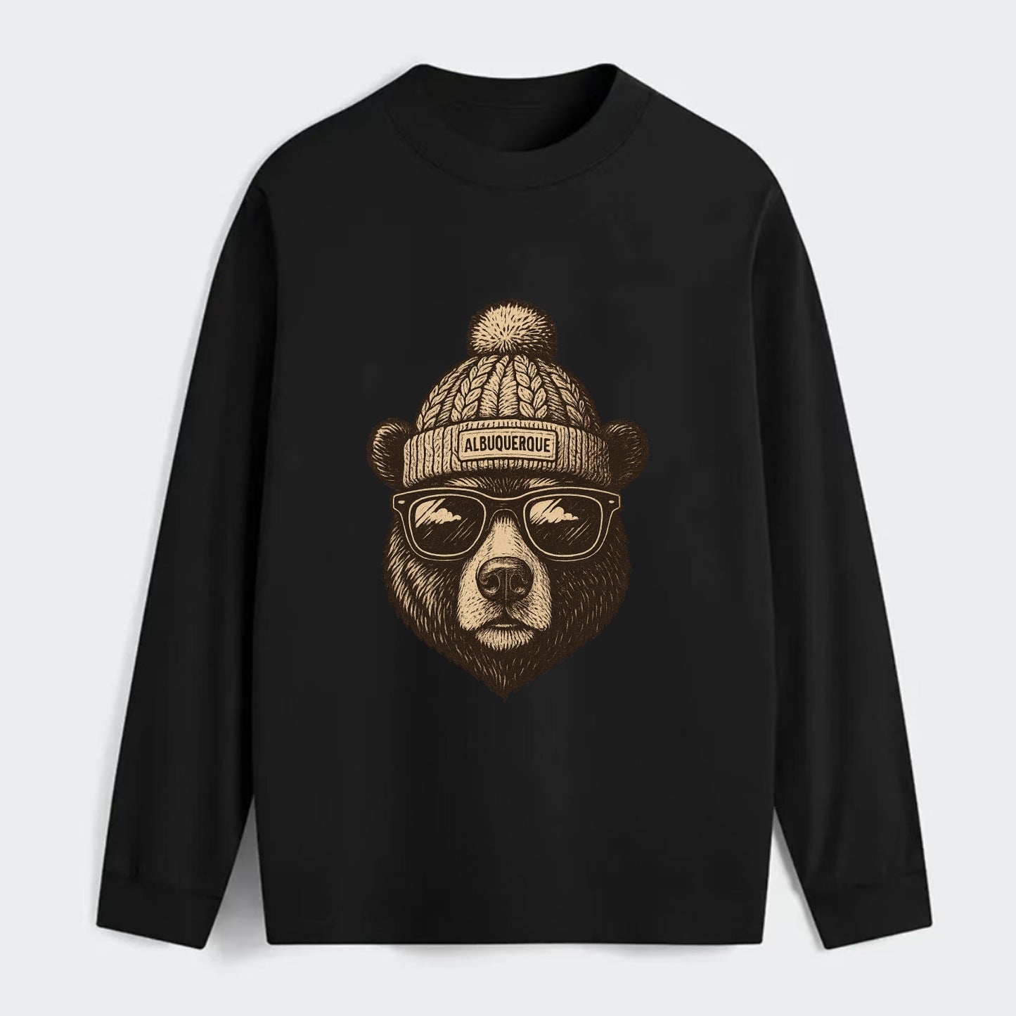 New Mexico Black Bear wearing Albuquerque beanie with pom pom and - Classic Long Sleeve Shirt - Black