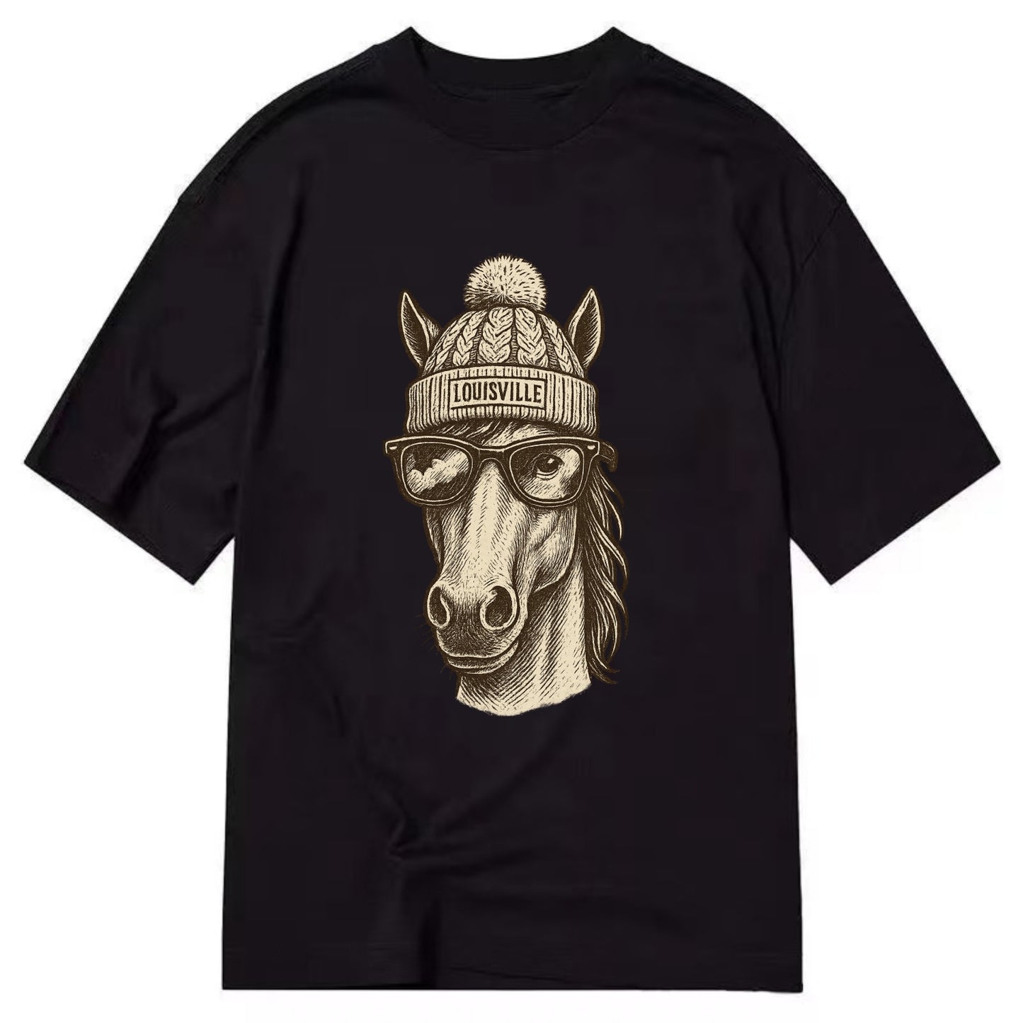 Kentucky Thoroughbred Horse wearing Louisville beanie with pom pom and wayfarer - Classic T-shirt - Black