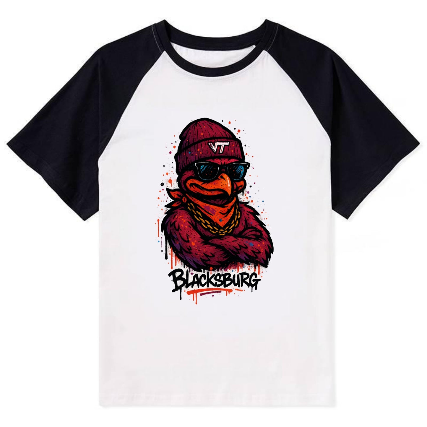 Blacksburg HokieBird wearing Virginia Tech beanie with VT patch - Contrast Raglan T-shirt - Black