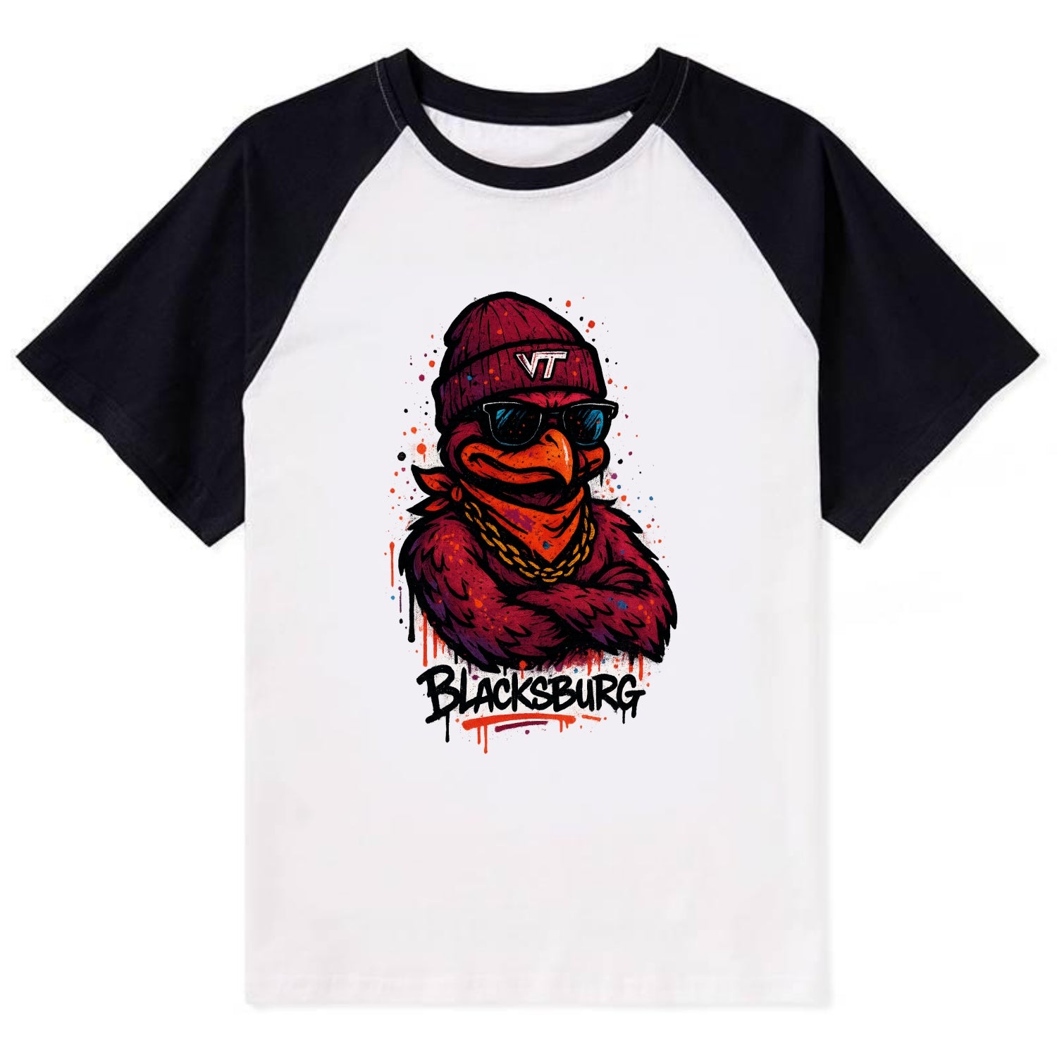 Blacksburg HokieBird wearing Virginia Tech beanie with VT patch - Contrast Raglan T-shirt - Black