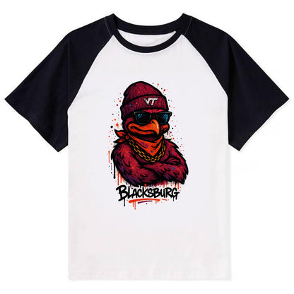 Blacksburg HokieBird wearing Virginia Tech beanie with VT patch - Contrast Raglan T-shirt - Black