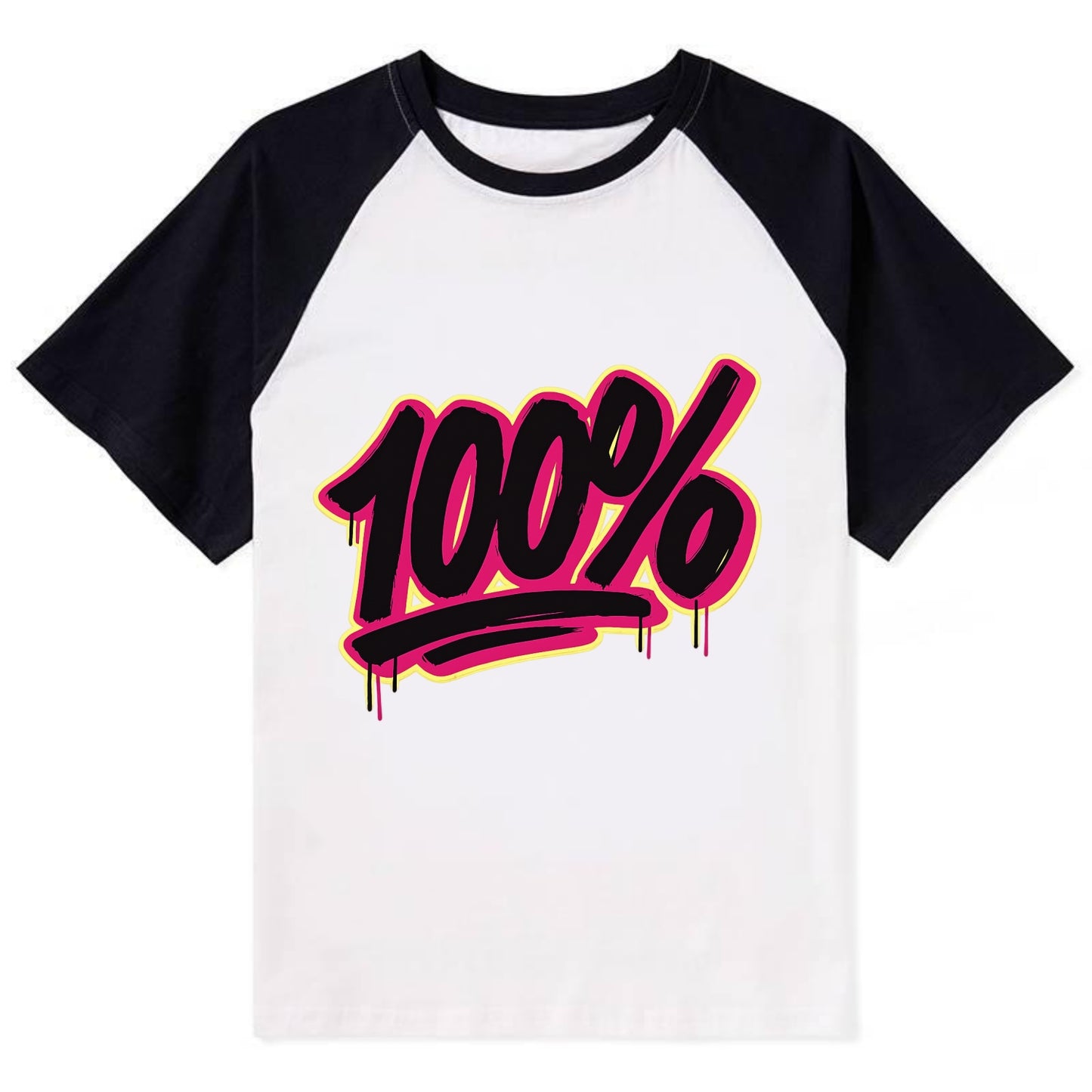 Bold typography design - "100%" - all in, fully committed - Contrast Raglan T-shirt - Black