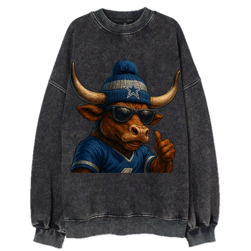 Texas Longhorn wearing Cowboys silver and blue beanie with star and wayfarer - Vintage Sweatshirt