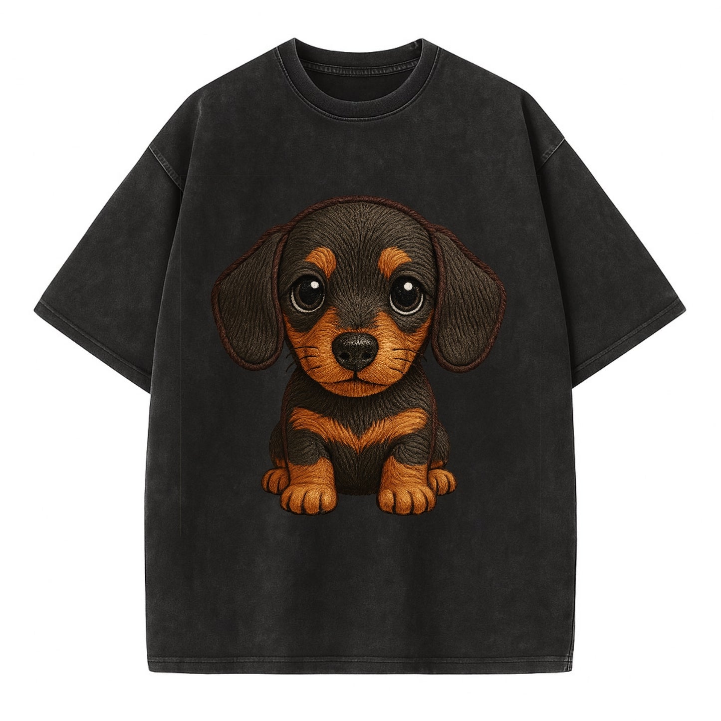 Baby Dachshund Puppy - long body, short legs, floppy ears, curious eyes, - Vintage T-shirt - Black