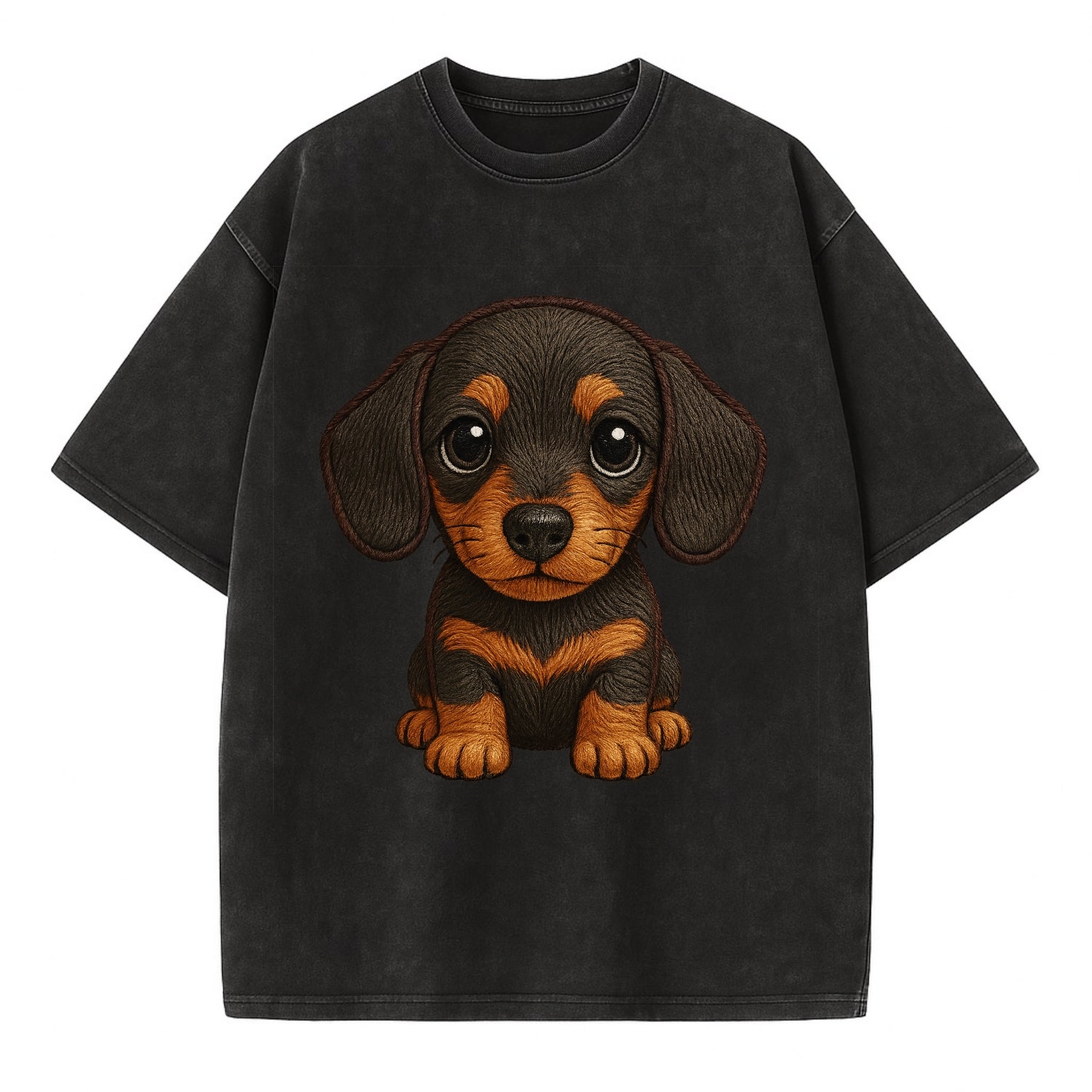 Baby Dachshund Puppy - long body, short legs, floppy ears, curious eyes, - Vintage T-shirt - Black