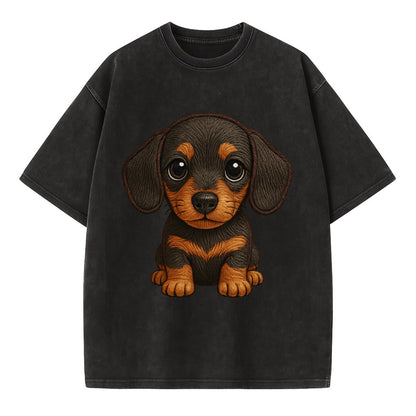 Baby Dachshund Puppy - long body, short legs, floppy ears, curious eyes, - Vintage T-shirt - Black