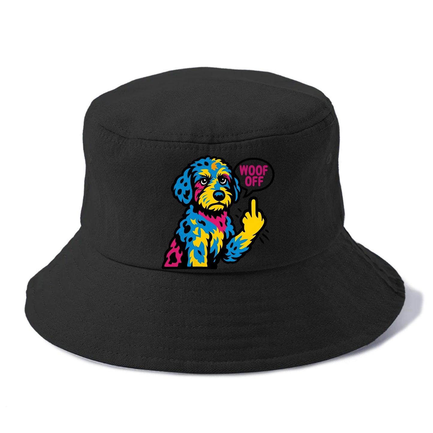Aussiedoodle with merle patches and curly coat, playful smart paw raised - Bucket Hat - Black