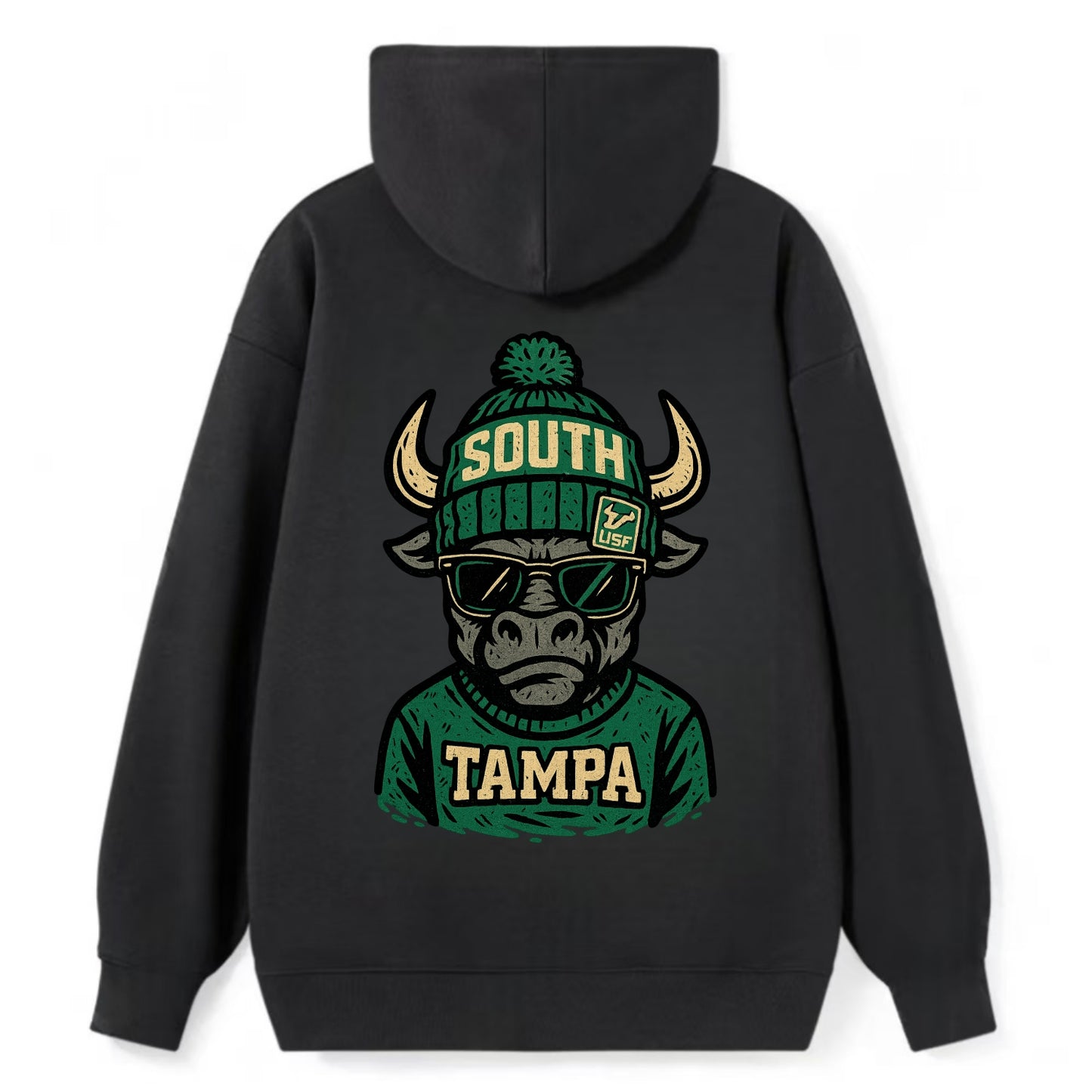 Tampa Bull wearing South Florida beanie with USF patch - Classic Pullover Hoodie - Black