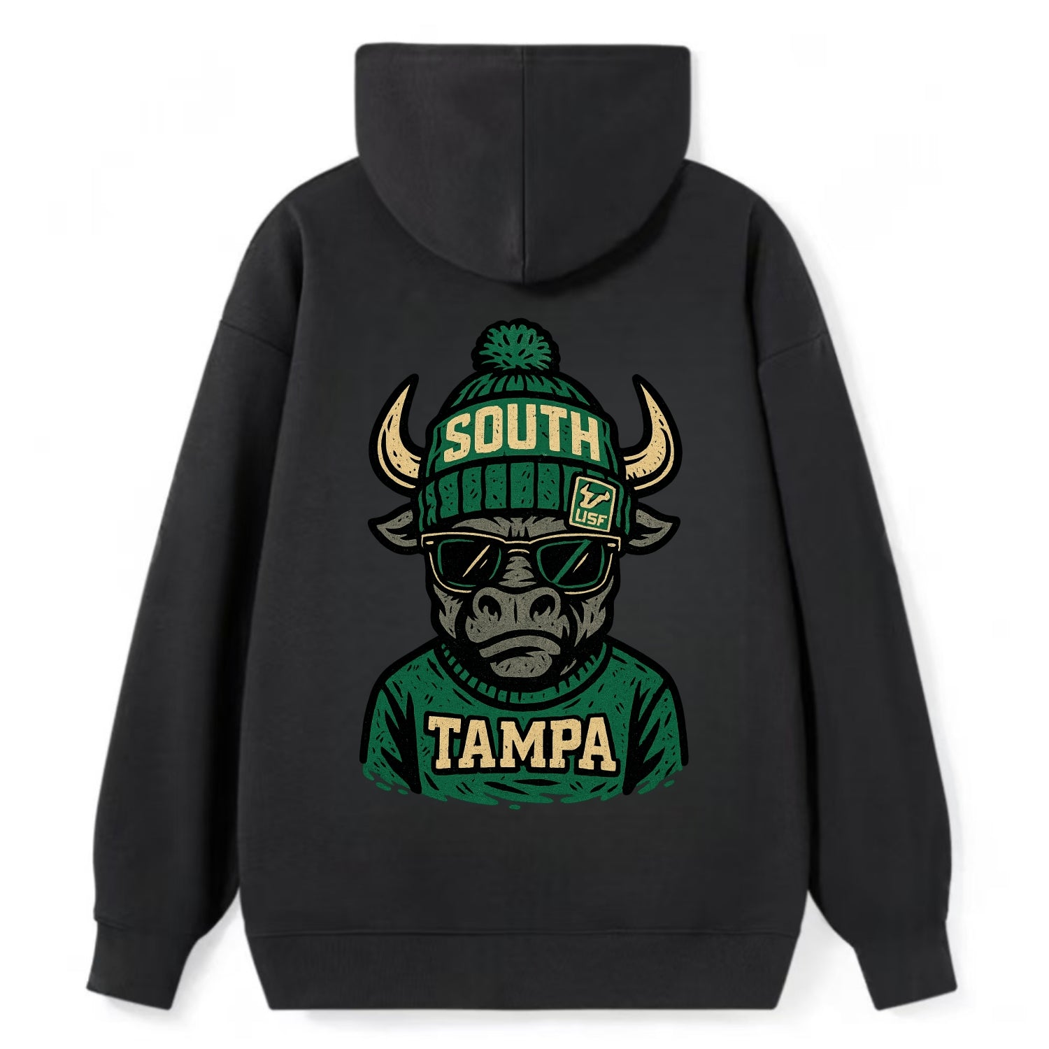 Tampa Bull wearing South Florida beanie with USF patch - Classic Pullover Hoodie - Black
