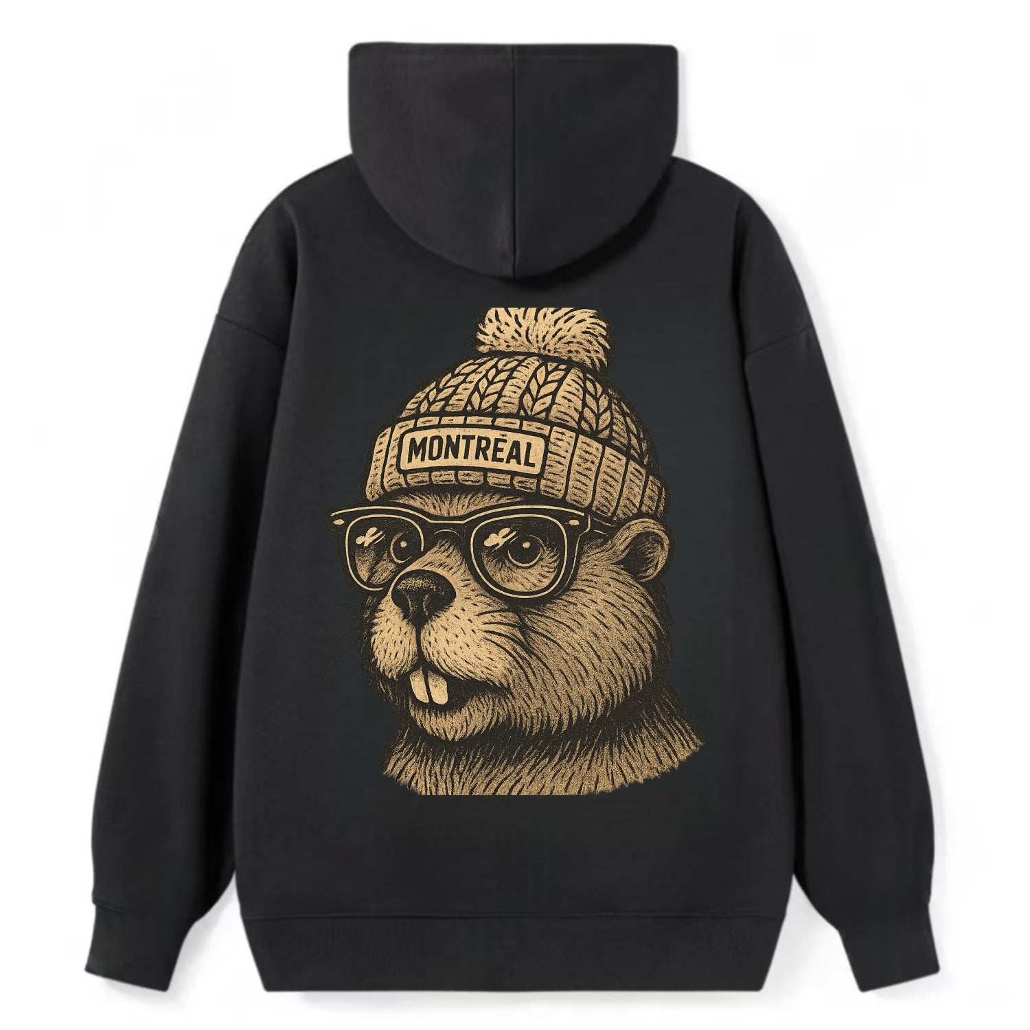 Montreal Beaver wearing Montreal beanie with pom pom and wayfarer - Classic Pullover Hoodie - Black