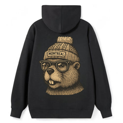 Montreal Beaver wearing Montreal beanie with pom pom and wayfarer - Classic Pullover Hoodie - Black
