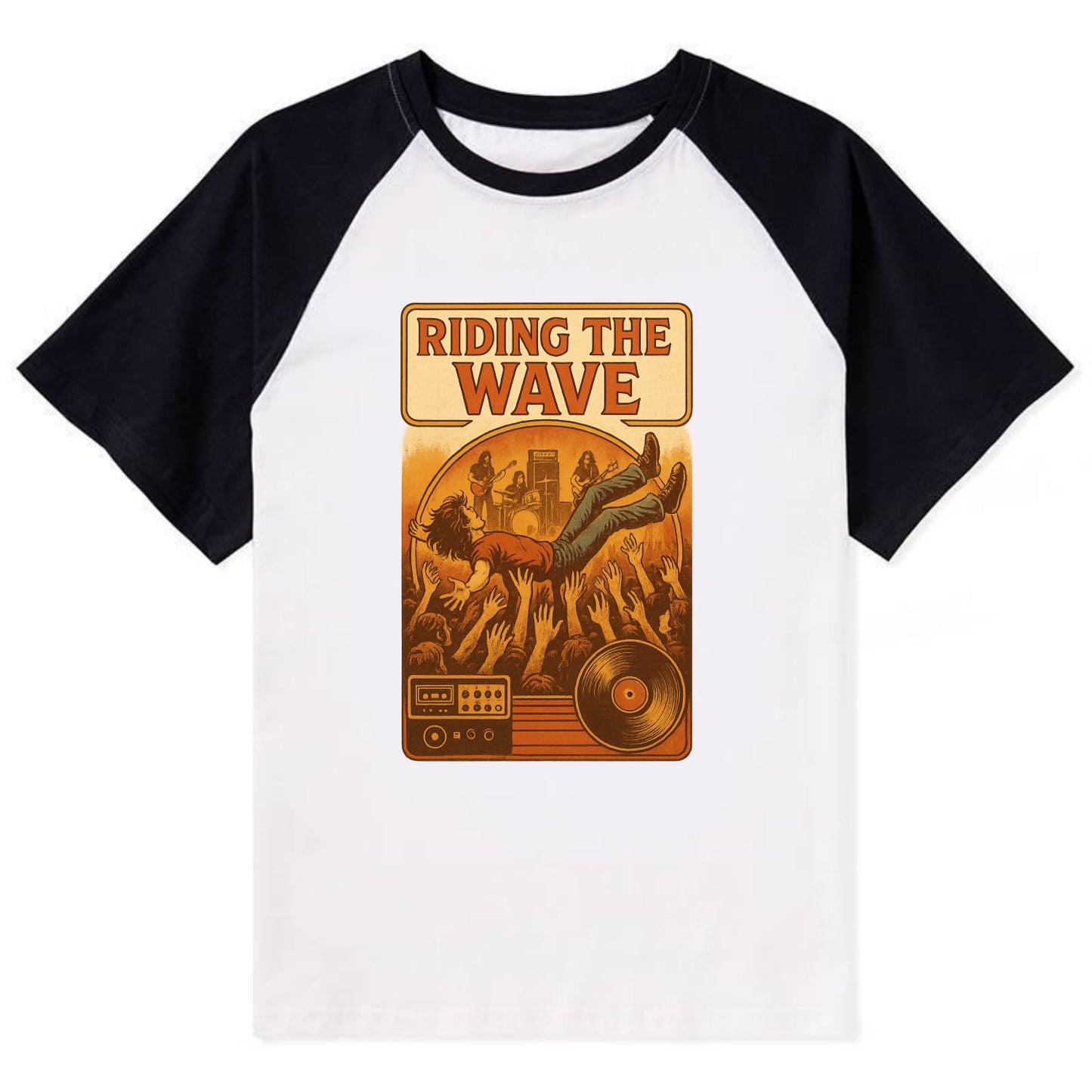 Crowd surfing at packed concert - "Riding the Wave" - concert energy - Contrast Raglan T-shirt - Black