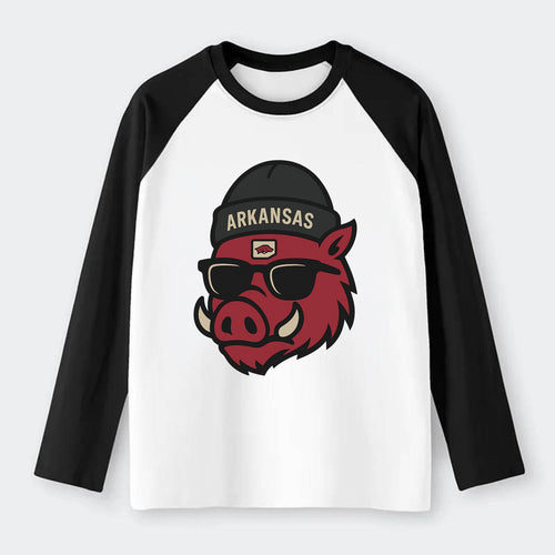 Fayetteville Razorback wearing Arkansas beanie with hog patch - Raglan Long Sleeve T-Shirt