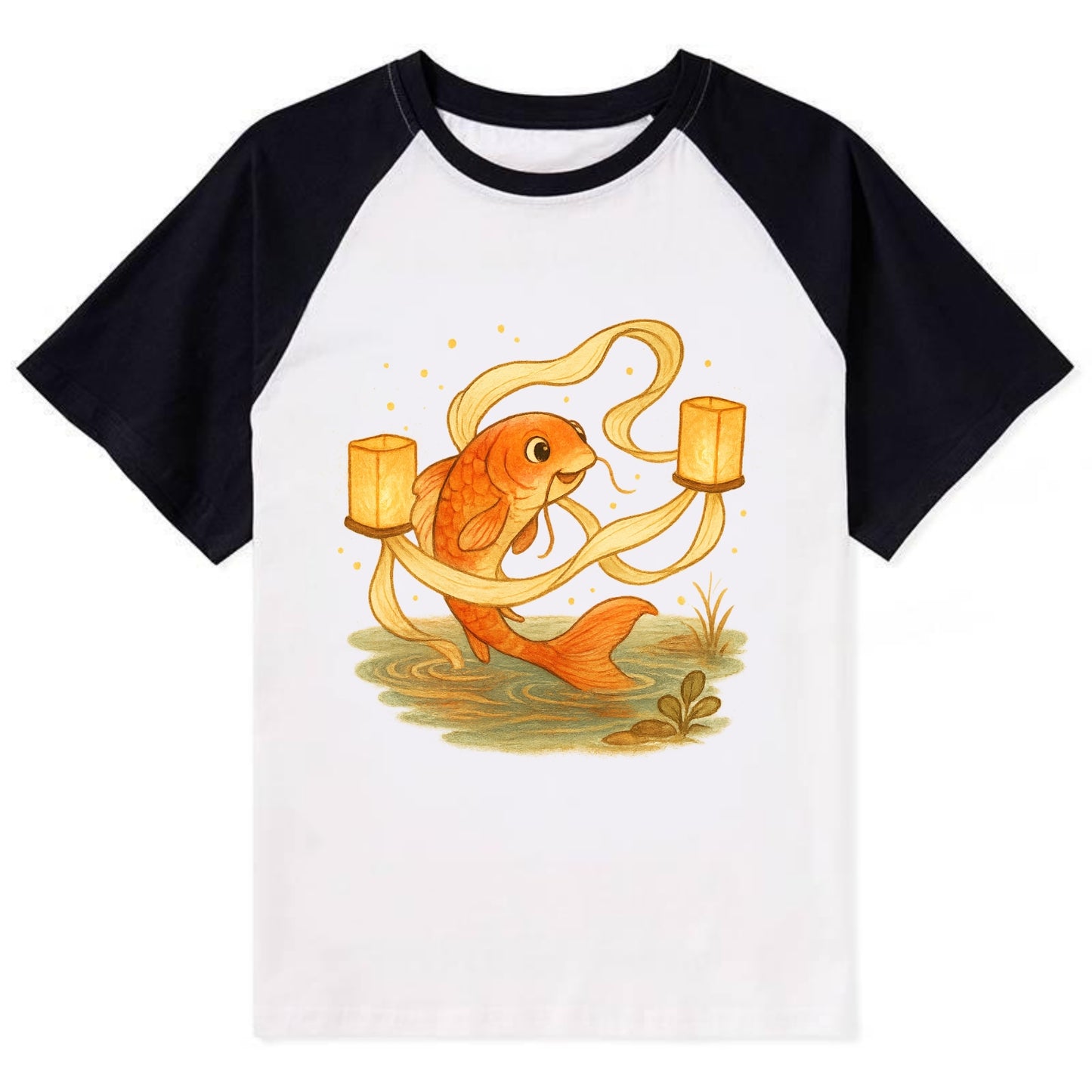 Koi weaving silk streamers through floating lanterns on tranquil water - Contrast Raglan T-shirt - Black