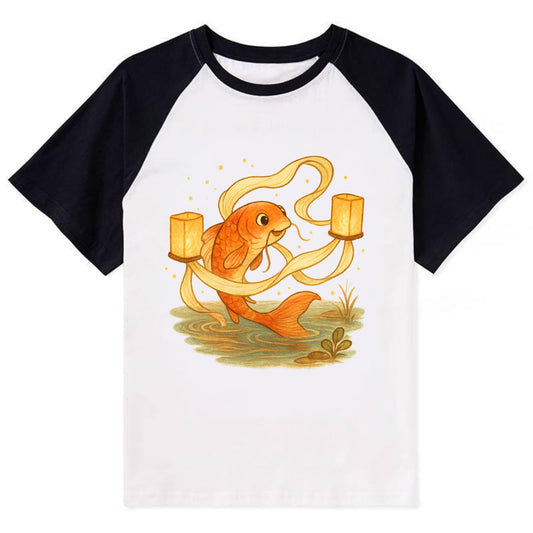 Koi weaving silk streamers through floating lanterns on tranquil water - Contrast Raglan T-shirt - Black