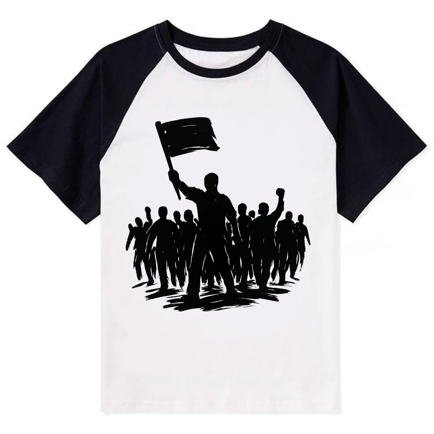 Crowd of protesters marching - solidarity movement ink painting - Contrast Raglan T-shirt - Black