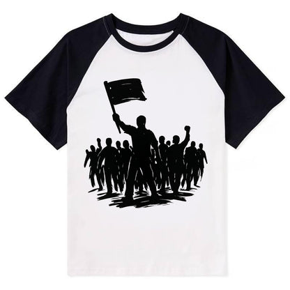 Crowd of protesters marching - solidarity movement ink painting - Contrast Raglan T-shirt - Black
