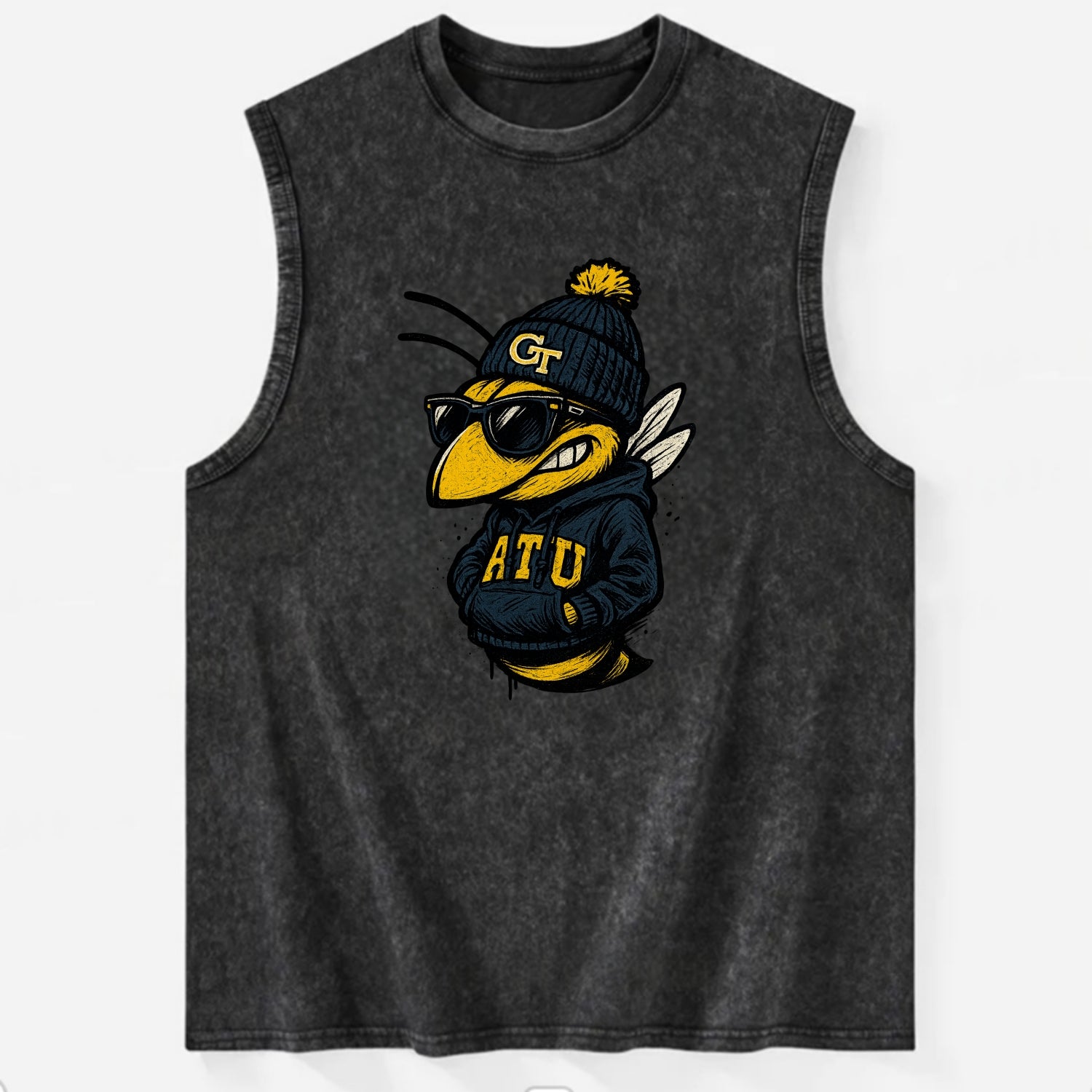 Atlanta Yellow Jacket wearing Georgia Tech beanie with GT patch - Vintage Washed Tank - Black