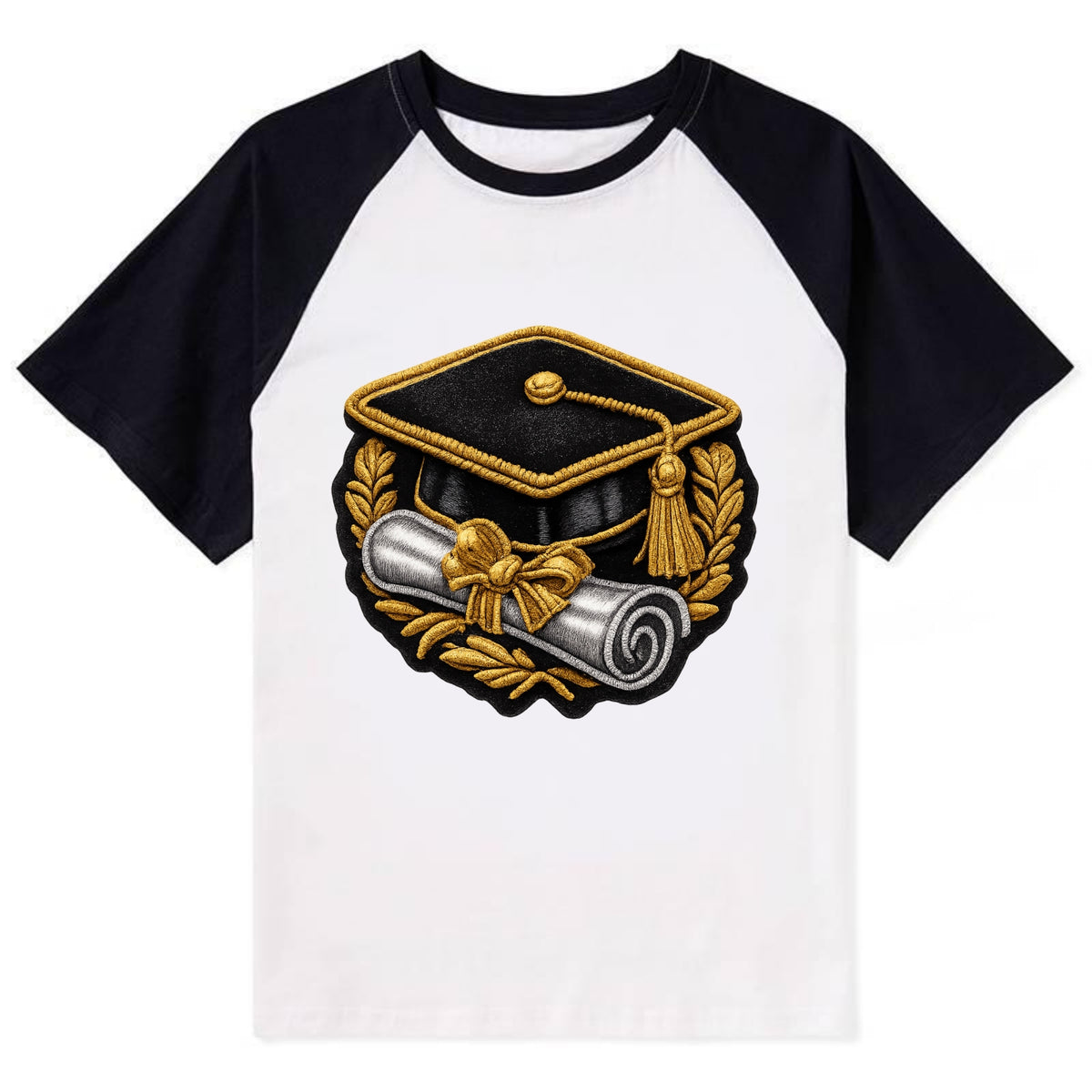 GRADUATION CAP - mortarboard with diploma in black and gold , achievement - Contrast Raglan T-shirt - Black
