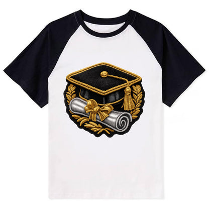 GRADUATION CAP - mortarboard with diploma in black and gold , achievement - Contrast Raglan T-shirt - Black