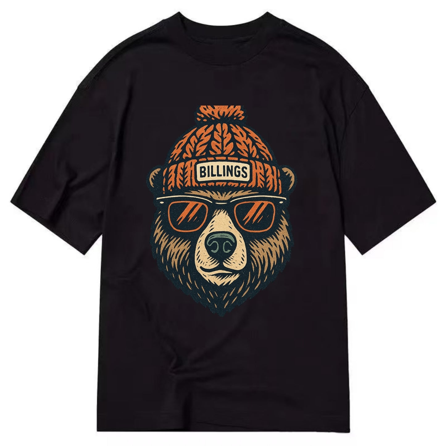 Montana Grizzly Bear wearing Billings beanie with pom pom and wayfarer sunglasses - Classic T-shirt - Black