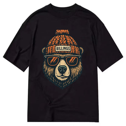 Montana Grizzly Bear wearing Billings beanie with pom pom and wayfarer sunglasses - Classic T-shirt - Black