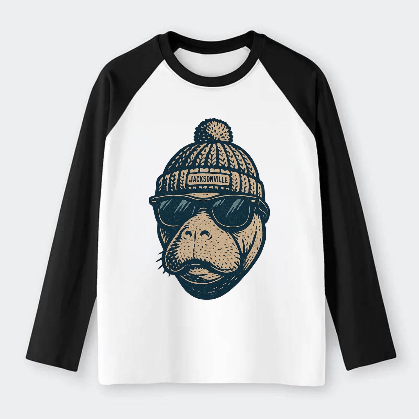 Jacksonville Manatee wearing Jacksonville beanie with pom pom and - Raglan Long Sleeve T-Shirt - Black
