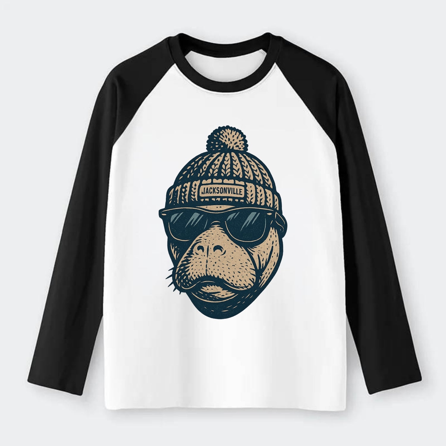 Jacksonville Manatee wearing Jacksonville beanie with pom pom and - Raglan Long Sleeve T-Shirt - Black