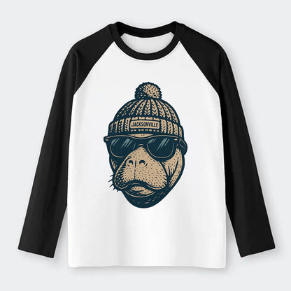 Jacksonville Manatee wearing Jacksonville beanie with pom pom and - Raglan Long Sleeve T-Shirt - Black